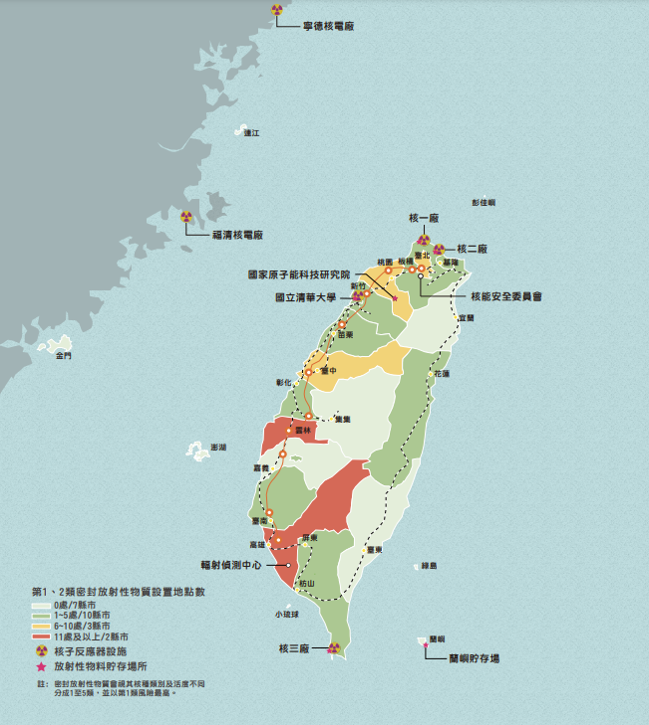 為一張台灣地圖,標示核子反應器設施、放射性物料貯存場所所在地點,並以顏色標示顯示各縣市第一類或第二類之密封放射性物質數量。